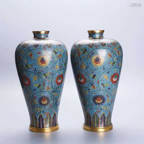 Pair of Qing Styled Chinese Cloisonne Enameled Meiping Vase Painted with Twine Lotus W:17cm H:35cm