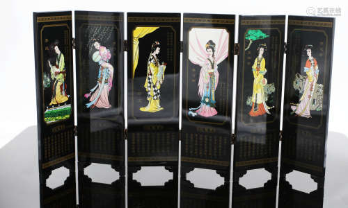 Chinese Lacqure Table Screen Painted with Ladies in The Story of The Red Mansions W:7cm H:23cm