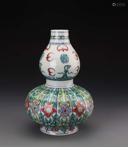 Chinese Dou Glazed Groud Shaped Vase Painted with Bats and Flowers Marked 