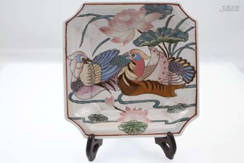 Chinese Famille Rose Plate Painted With Duck And Lotus Flower Squre Plate Marked 