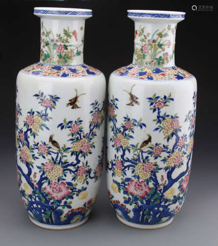 Pair of Chinese Dou Glazed Vase Painted with Flowers and Rockery Marked 