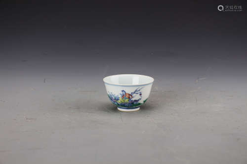 Chinese Dou Glazed Wine Cup Painted with Immortals and Ocean Marked 