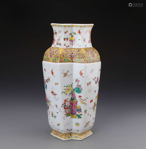 Chinese Famille Rose Vase Painted with Bogu Figures Marked 