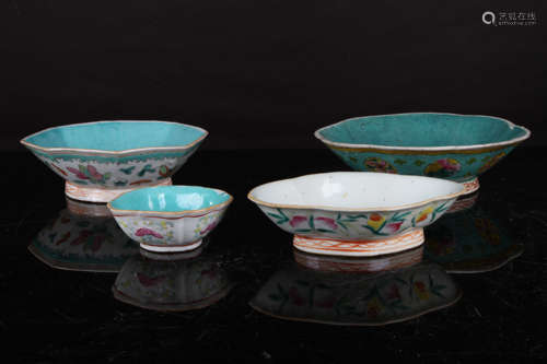 Set of Four Chinese Late Qing Styled Famille Rose Dishes Painted with Flowers and Butterfly W:20cm H:5cm