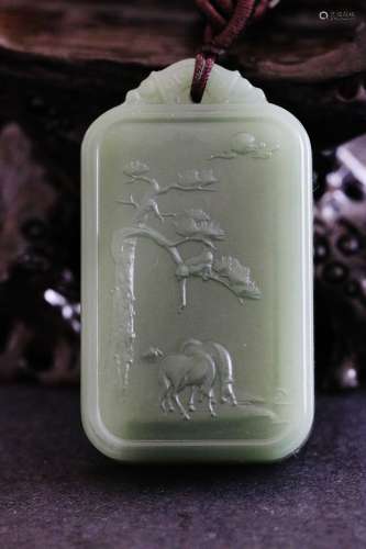 Hetian Egg Shell Colored Pendant Carved with Monkey on the Tree with Horses Sealed 