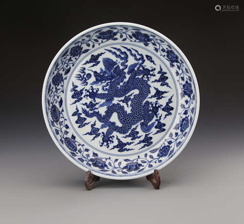 Chinese Blue and White Charger Painted with Dragon and Twine Flowers Marked 