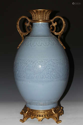 Chinese Sky Blue Glazed Copper Edged Zun Vase Carved with Bats and Chinese Character Marked 