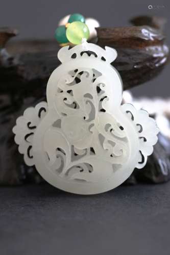 Hetian White Jade Groud Shaped Hollow Carved Pendant with Flowers and Butterfly(27g) W:5cm H:5cm