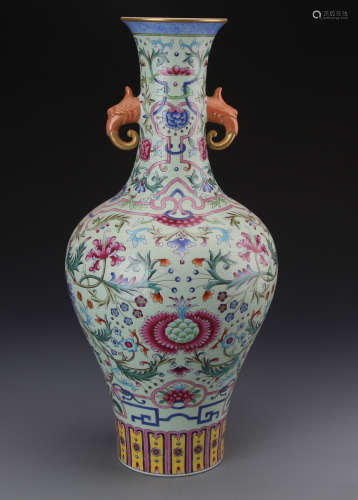 Chinese Famille Rose Vase with Handle Painted with Twine Flowers Marked 