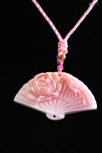 Natural Pink Tridacna Fan Shaped Pendant Carved with Phoenix and Peony(19g)L:5cm W:3cm