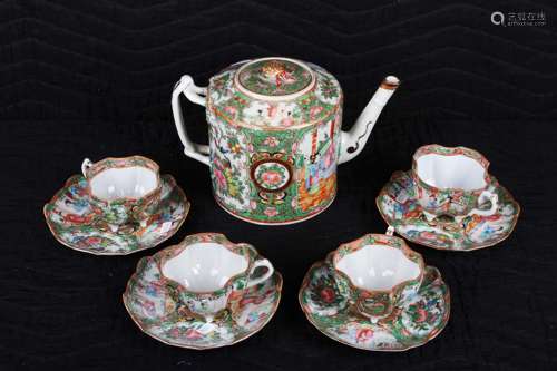 Set of Five Chinese Qing Styled Guang Glazed Teapot and Cups Painted with Figures(cups has repair)