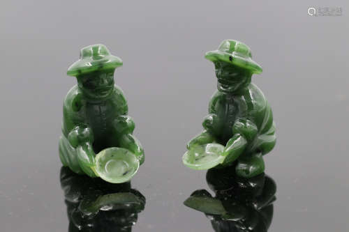 Pair of Spinach Jade Carved Figures W:4cm H:5cm