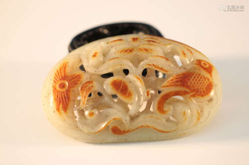 Chinese Qing Styled Hetian White Jade Pebble Pendant Carved with Birds and Flowers(88g) L:9cm W:5.5cm