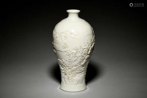 WHITE GLAZED AND CARVED 'LANDSCAPE SCENERY' VASE