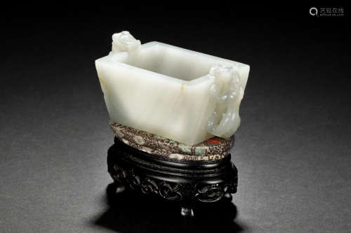 JADE CARVED CHILONG CUP WITH WOODEN STAND