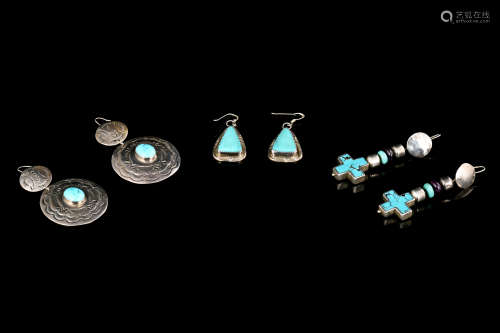 THREE PAIRS OF TURQUOISE AND SILVER EARRINGS