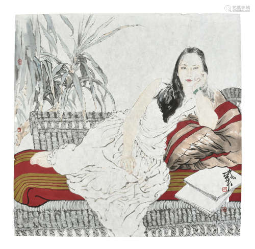 HE JIAYING: INK AND COLOR ON PAPER PAINTING 'GIRL'