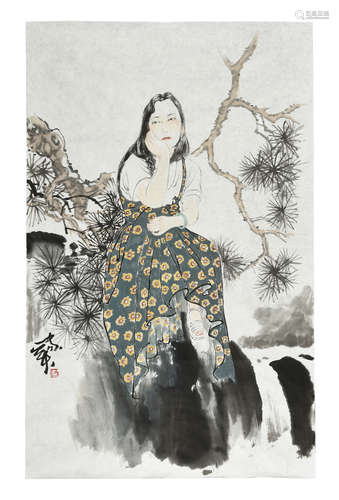 HE JIAYING: INK AND COLOR ON PAPER PAINTING 'GIRL'