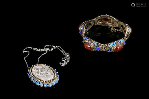 SILVER FILIGREE AGATE BANGLE AND SILVER FILIGREE CRYSTAL PENDANT