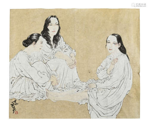 HE JIAYING: INK AND COLOR ON PAPER PAINTING 'THREE GIRLS'
