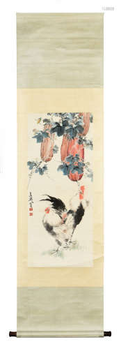 WANG XUETAO: INK AND COLOR ON PAPER PAINTING 'ROOSTERS'