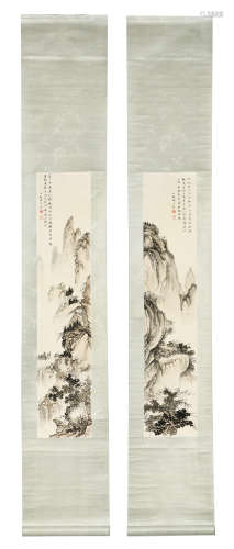 CHEN SHAOMEI: PAIR OF INK AND COLOR ON PAPER PAINTING 'MOUNTAIN SCENERY'