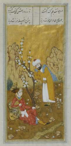Dignitaire et serviteur et scène de palais, Perse, dynastie Qajar (1786-1925)Deux miniatures sur papier, 16x8 cm