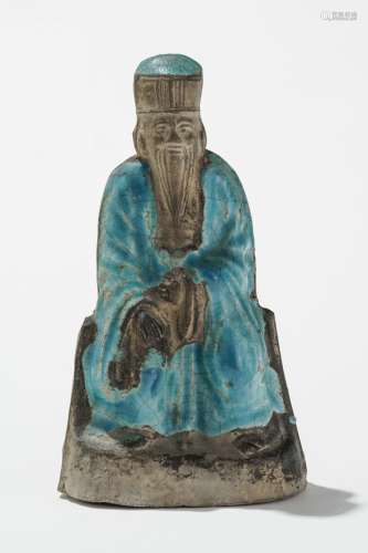 Statuette, Chine, probablement XVIIe s Grès partiellement émaillé turquoise, représentant un dignitaire assis, H 18 cm