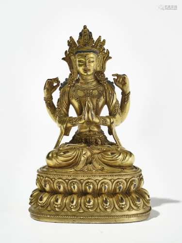 Bouddha Vajrasattva, art sino-tibétainFiguré assis, bronze doré et peint, marque sur la base, H 18 cm