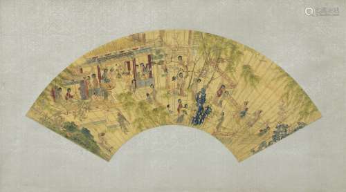 Ecole de Qiu Ying (circa 1494-1551/52)Eventail à décor d'une scène du Palais des Han au printemps, encre et pigments sur papier, 50x16 cm