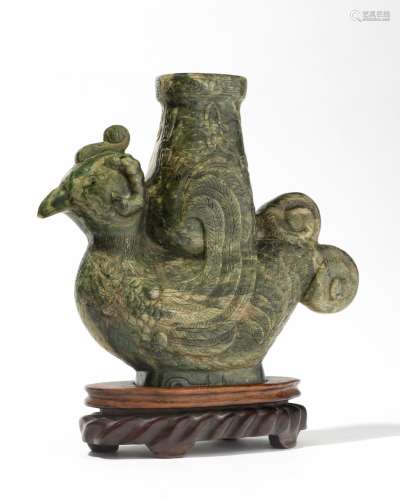 Oiseau, ChineJade vert épinard, H 30 cm