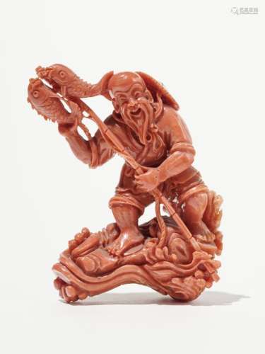 Pêcheur riant, ChineCorail sculpté, H 8 cm, 105 g