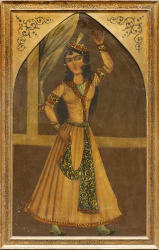 Danseuse dans un cadre ogival,  Perse, époque Qajar (1786-1925Huile sur toile, 92x57 cm