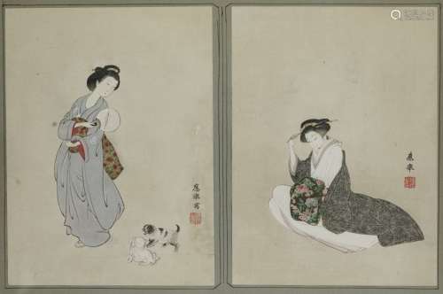 D'après Maruyama Ôkyo (1733-1795)Geisha et deux chiens, deux gravures gouachées sur papier, 22x17 cm