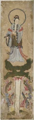 Ecole chinoise dynastie Qing (1644-1912)Divinités sur des nuées, paire d'encre et gouache sur papier, 52x14,5 cm