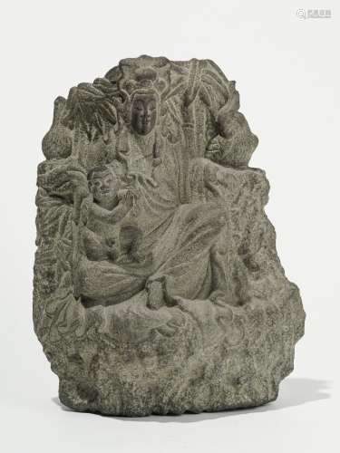 Guanyin et enfant, ChineGroupe en grès sculpté, H 26 cm