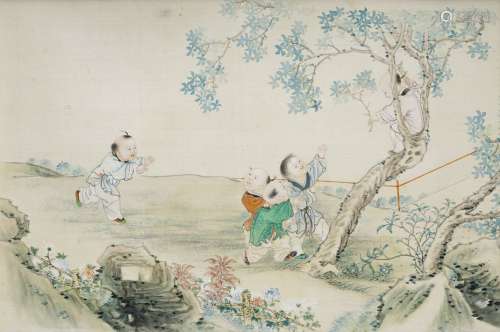Ecole chinoise XIXe-XXe s Enfants dans un jardin, peinture sur soie, 26x39 cm