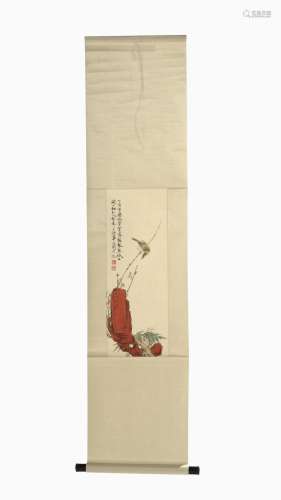 Ecole chinoise XXe sOiseau et arbre, encre sur papier de riz monté en rouleau, signé et cachet de l'artiste, 69x25 cm