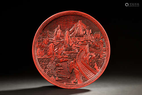 CINNABAR LACUQER CARVED 'GREAT WALL' DISH