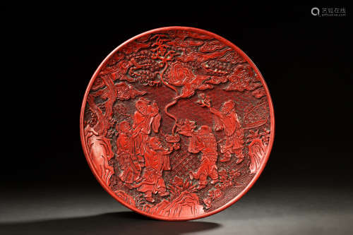 CINNABAR LACUQER CARVED 'FIVE ELDERS' DISH