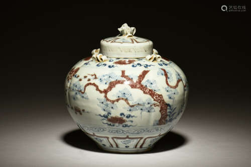 BLUE AND WHITE UNDERGLAZED RED 'PINE TREES' JAR WITH COVER