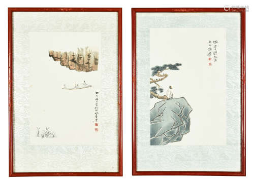 ZHANG DAQIAN: TWO FRAMED INK AND COLOR ON PAPER PAINTINGS