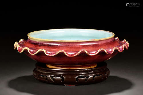 OXBLOOD RED PORCELAIN PETALS BOWL WITH WOOD STAND