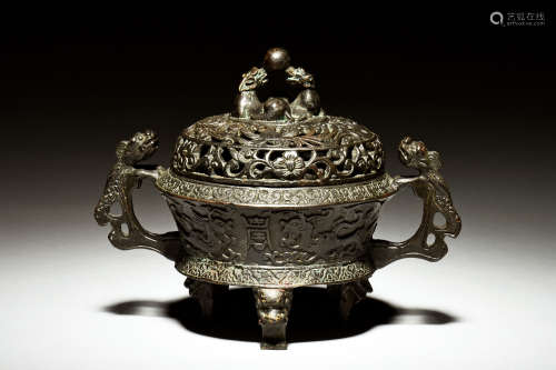 BRONZE CAST TRIPOD 'MYTHICAL BEAST' CENSER WITH COVER