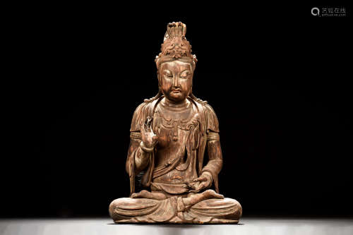 WOOD CARVED GUANYIN SEATED FIGURE