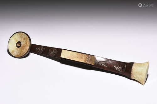 ZITAN WOOD CARVED RUYI SCEPTER INSET WITH JADE