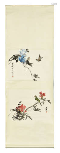 WANG XUETAO: INK AND COLOR ON PAPER 'FLOWERS AND BIRDS' PAINTING