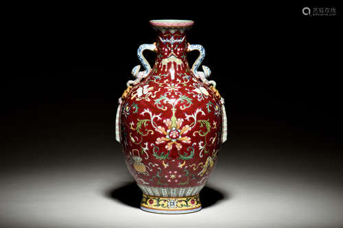 FAMILLE ROSE RED GROUND 'FLOWERS' VASE