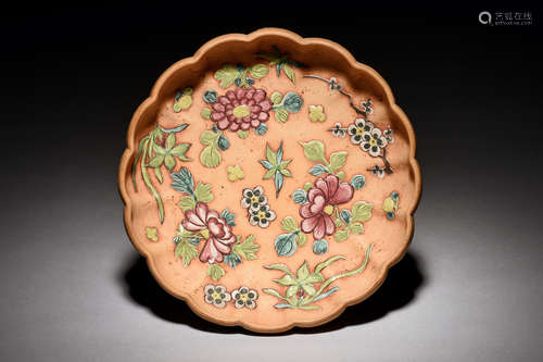 YIXING ZISHA STONEWARE PAINTED 'FLOWERS' DISH