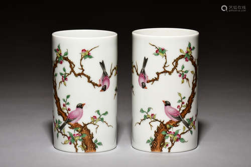 PAIR OF FAMILLE ROSE 'FLOWERS AND BIRDS' BRUSH POTS